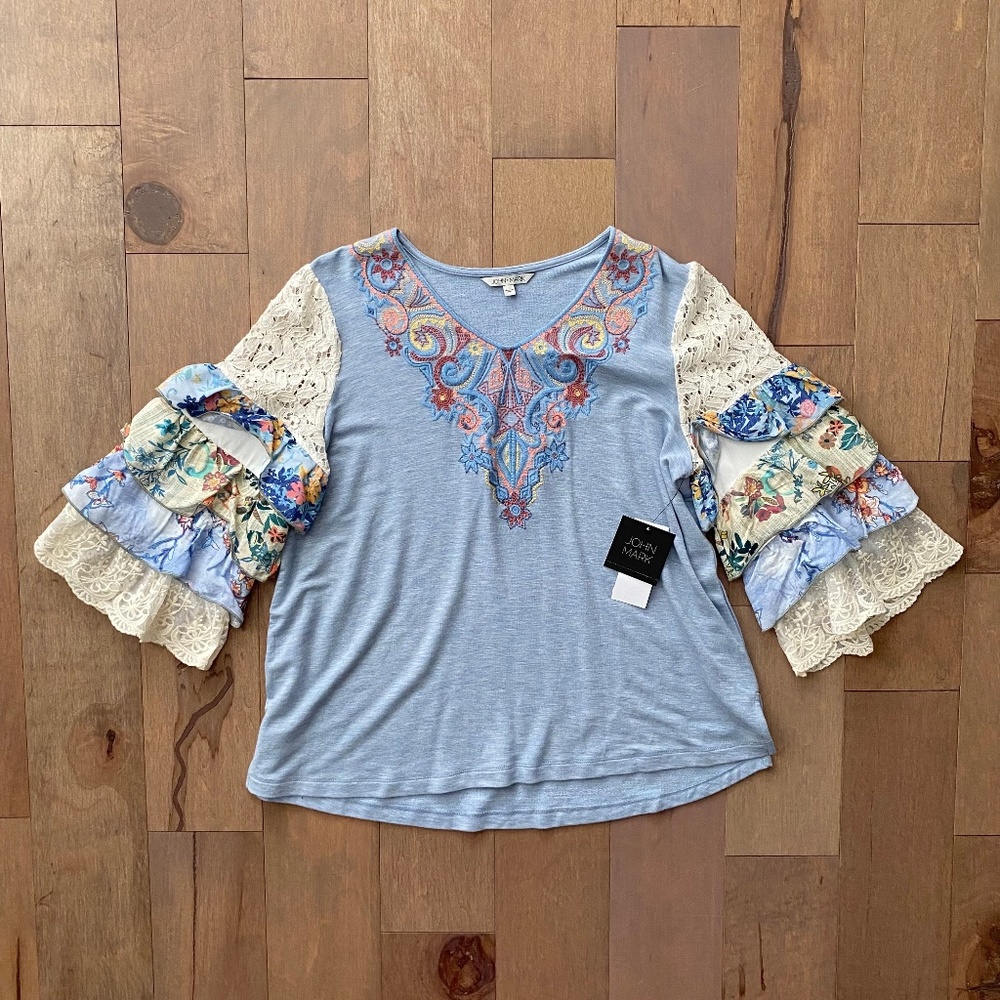 John Mark Nwt Ruffled Tiered Sleeves Blue Embroidered Tunic Top Petite